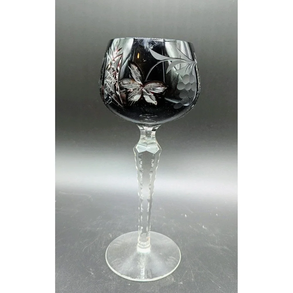 Vintage Bohemian Dark Cranberry Cut To Clear Wine Glass Stemware